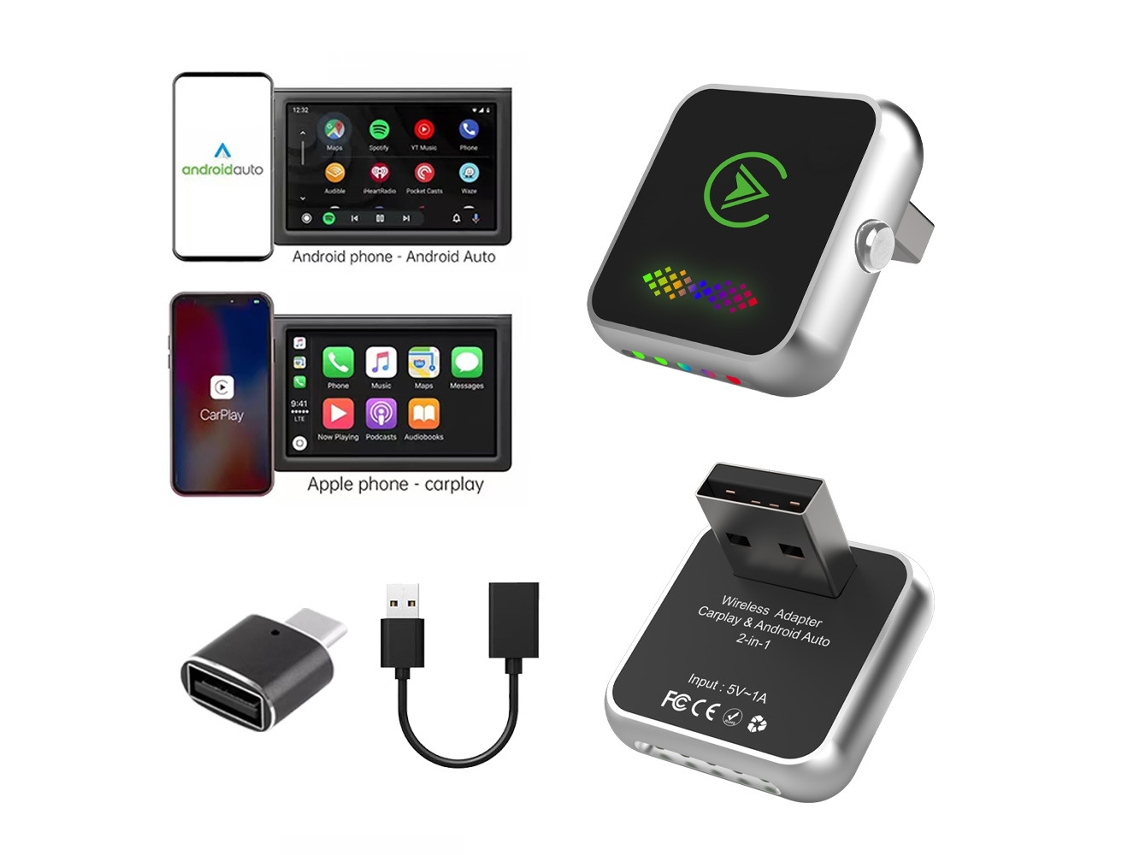 Adaptador Sem Fios 2 Em 1 Para Carplay E Android Auto, Luz Rgb, Plug Play, Compatível Com Iphone E Android Hexinyigjly