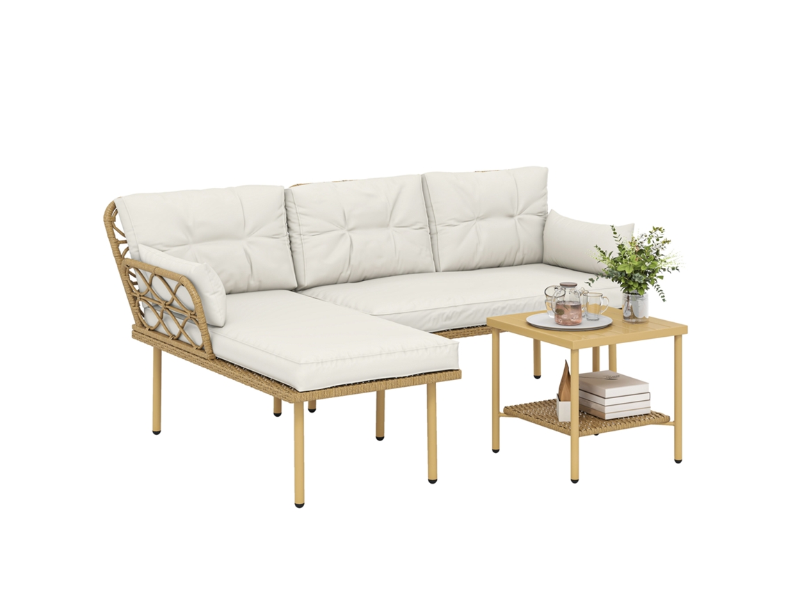 Conjunto de Jardim Exterior em Vime com 1 Sofá de Dois Lugares 1 Espreguiçadeira e 1 Mesa de Centro Madeira e Creme Ge