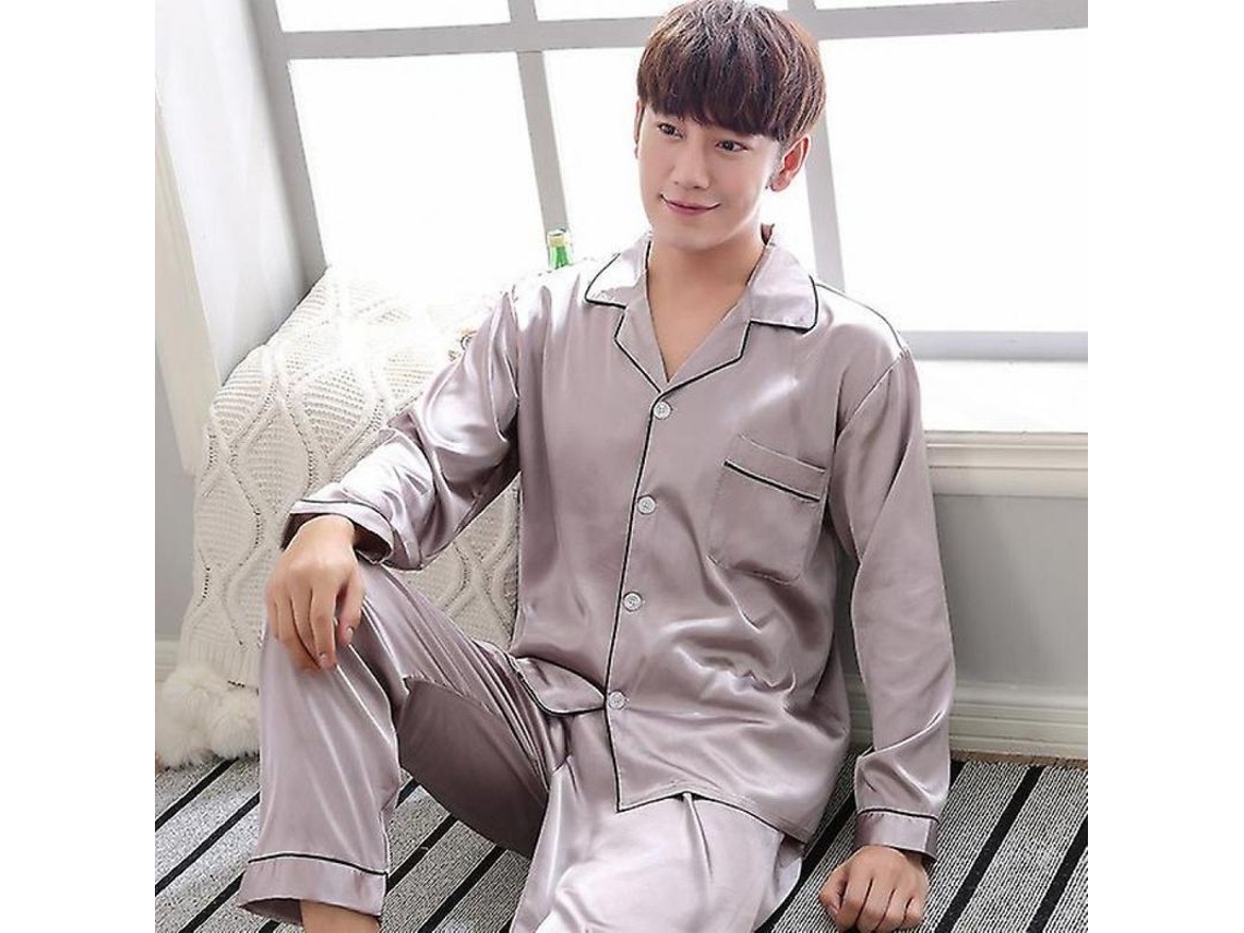 2026 conjunto de Pijamas de Seda Negra para Hombre Jm Junemaist Manga Larga Tallas L XL XXL XXXL Verano M Pijama Cinza para Homem
