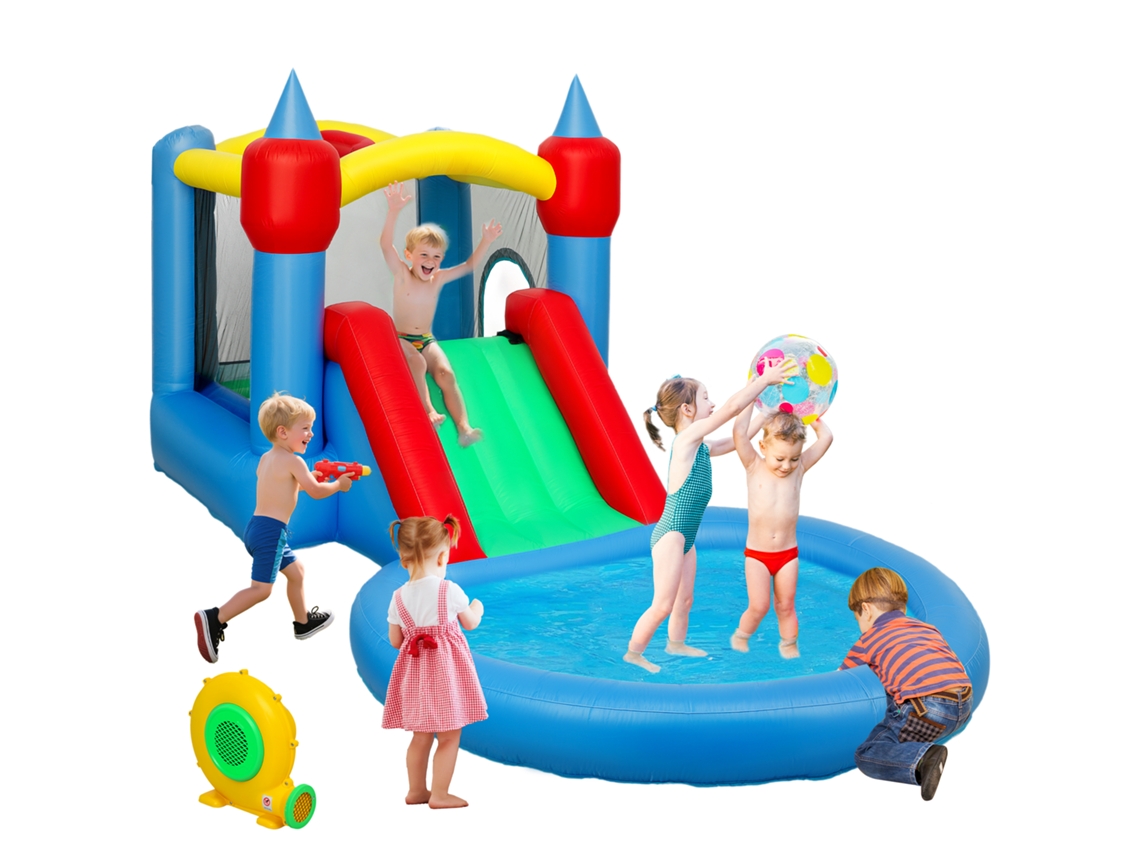 Castelo Inflável 4 em 1 com Escorregador, Cesta de Basquete, Piscina de Bolas, Soprador 370w, 415 X 205 X 190 Cm pt