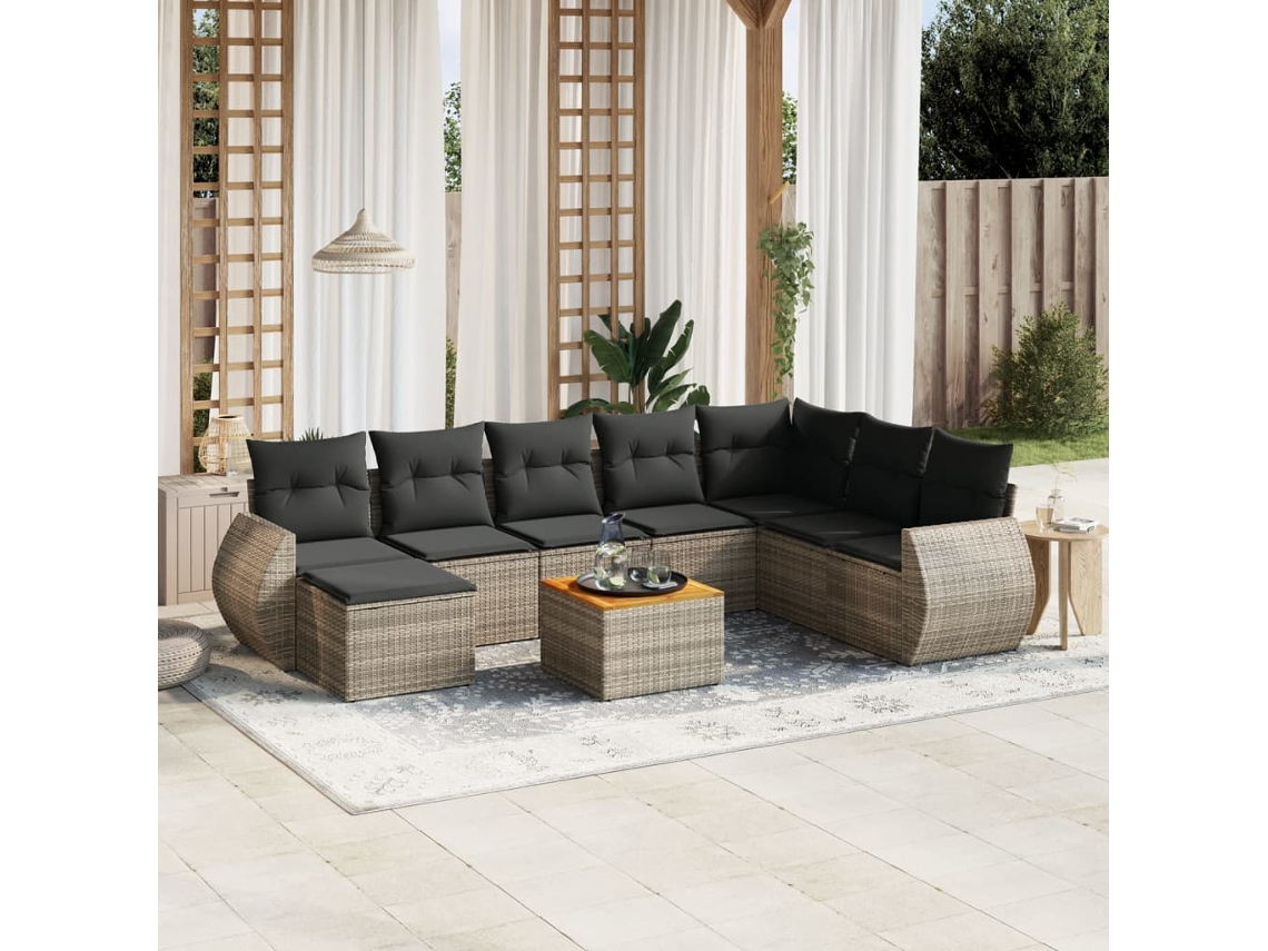 Vidaxl 9 Pcs Conjunto Sofás P/ Jardim Com Almofadões Vime Pe Cinzento