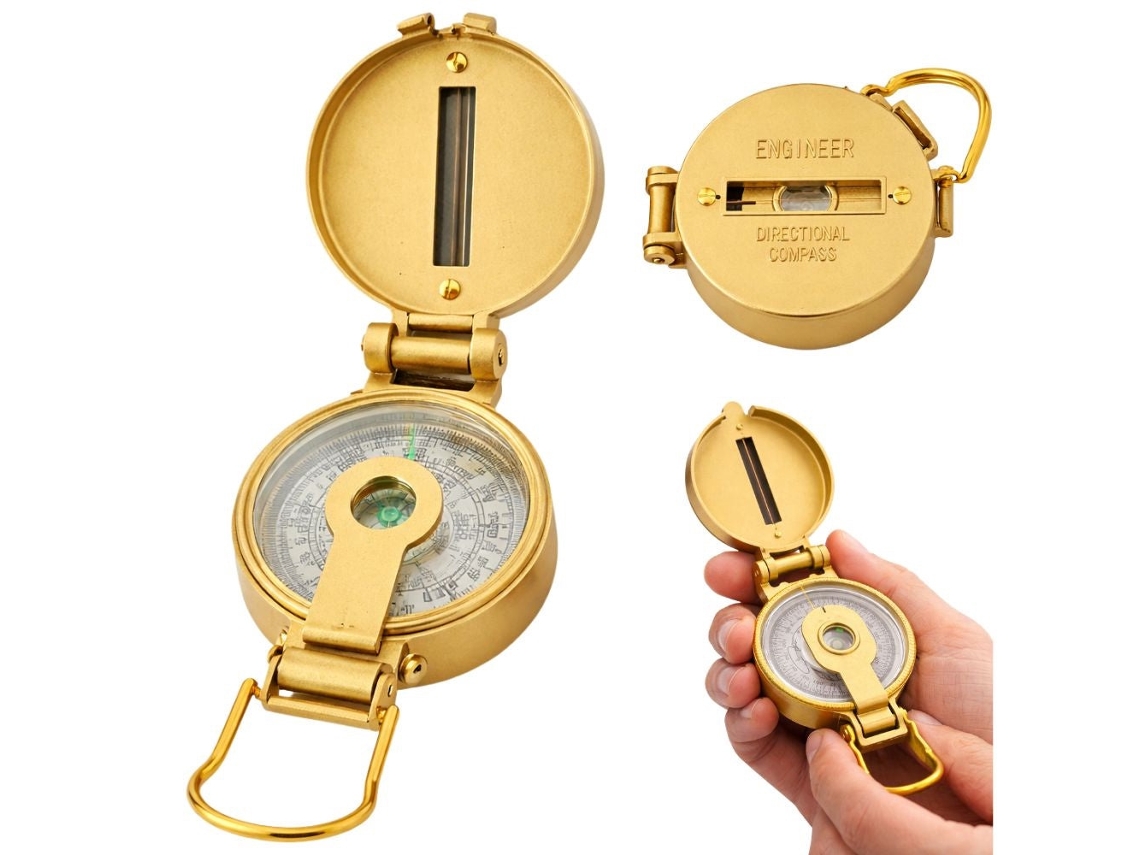 Bússola Militar em Metal Dourado, 10x5 Cm, com Tampa e Visor AQUAFORGE