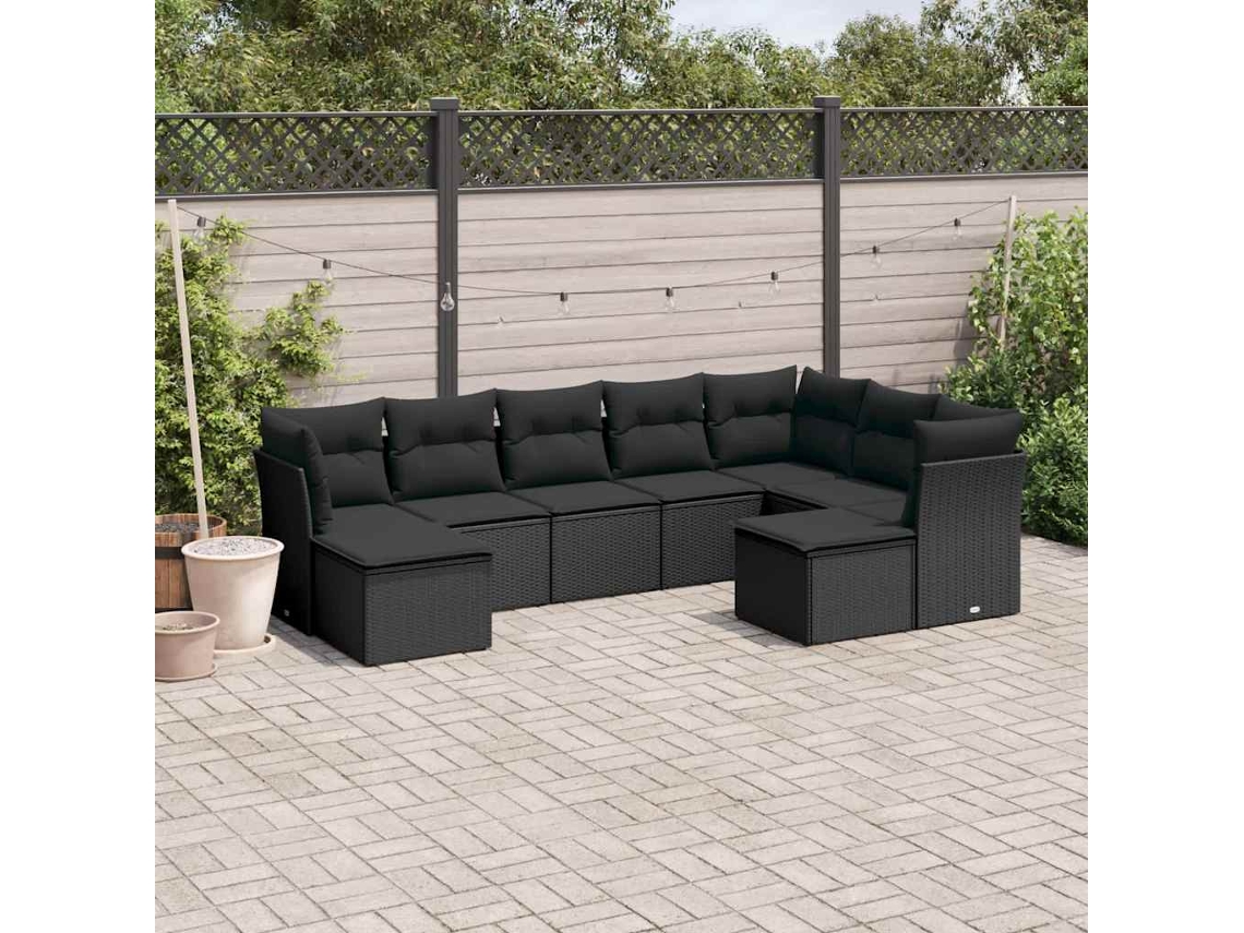 Vidaxl 9 Pcs Conjunto De Sofás P/ Jardim C/ Almofadões Vime Pe Preto