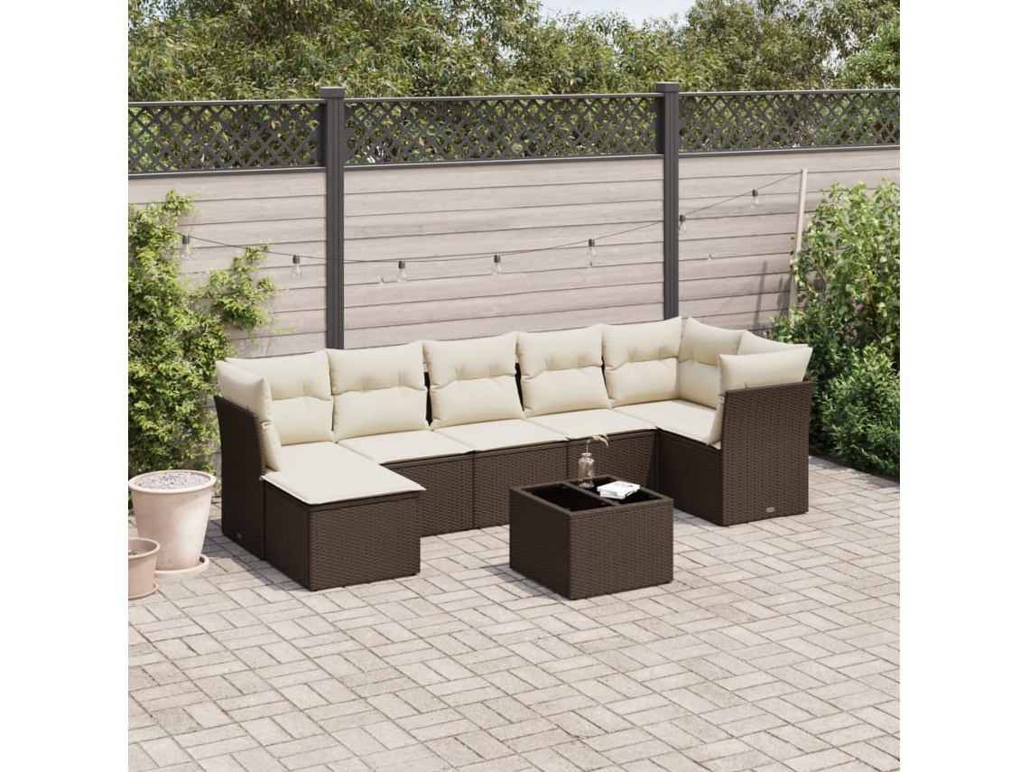 Vidaxl 8 Pcs Conjunto Sofás De Jardim C/ Almofadões Vime Pe Castanho