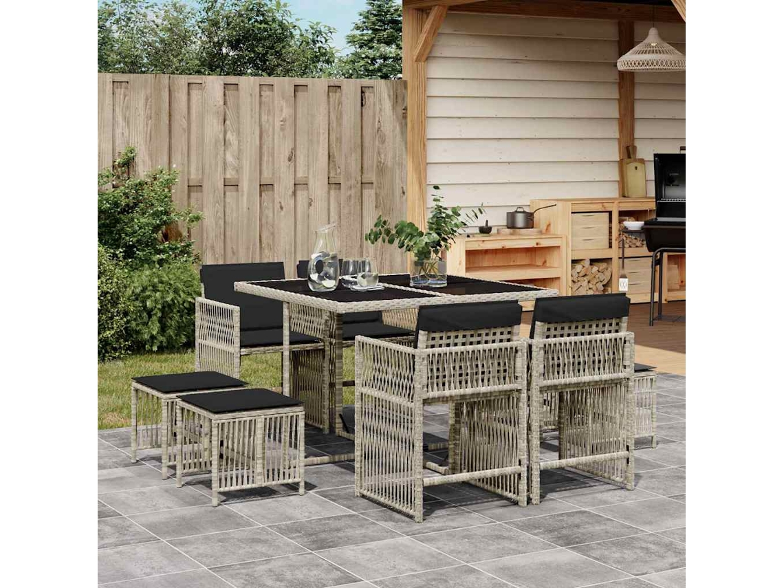 Vidaxl 9 Pcs Conjunto De Jantar P/ Jardim C/ Almofadões Cinzento Claro
