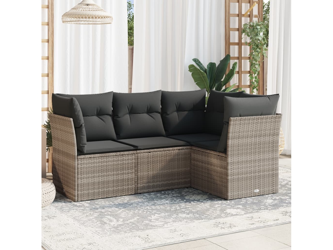 Vidaxl 4 Pcs Conj. Sofás Jardim C/ Almofadões Vime Pe Cinzento-claro