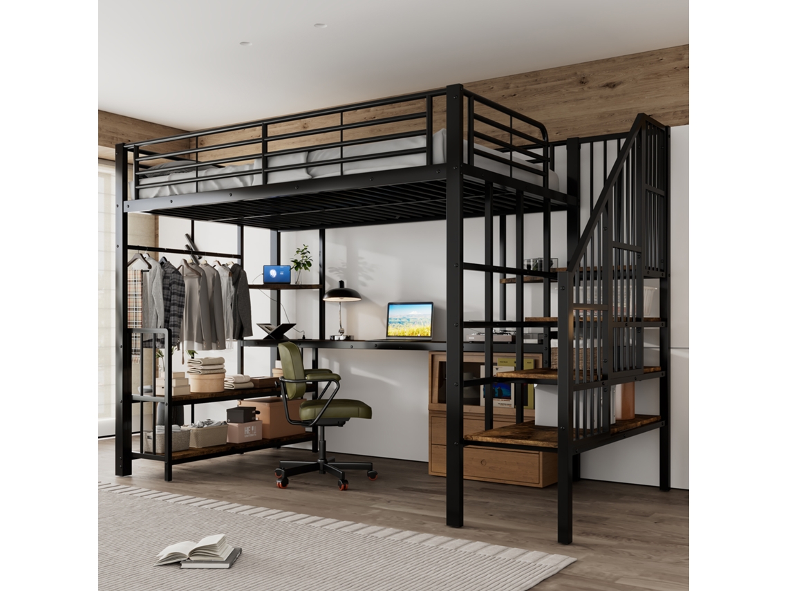 Cama Mezzanino 120x200cm, Pretoescuro, Ferromdf, Escada Corrimãousbcabiçã Ge