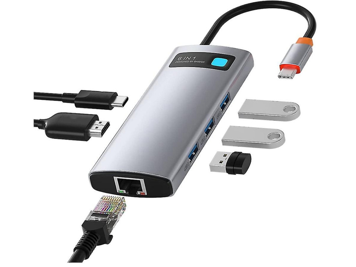 Usb C Hub 6 Em 1 Tipo C, 4k Hdmi, Ethernet Rj45 1gbps, 100w Pd, 3 Usb A 3.0, Compatível Macbook Pro/air Etc Gris Bestvite