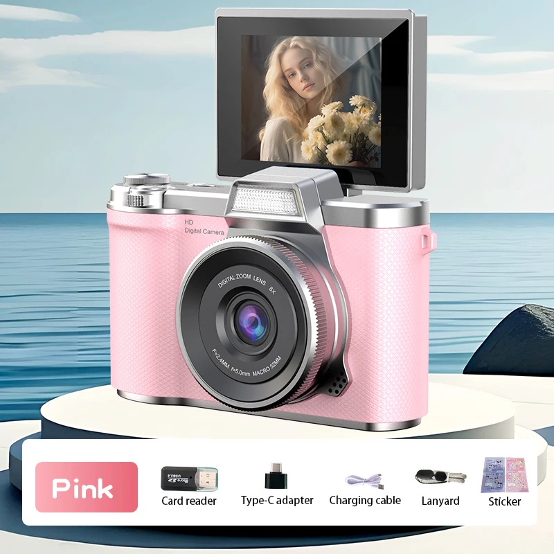 Câmera Digital 4k com Resolução de 48 Mp, Tela Giratória Recarregável de 180°. MDUG (a Versão Rosa Vem com um Cartão Tf de 64 Gb)