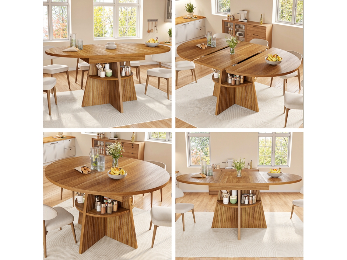 Mesa De Jantar Extensível - Arrumação Nas Pernas, Multifuncional Compacta, Espaços Pequenos, Tampo Reforçado, Cantos Arredondados - Castanho Escuro