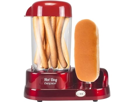 Máquina de cachorro-quente Beper, vermelha, para cozinhar no vapor, com capacidade máxima para 6 cachorros-quentes.