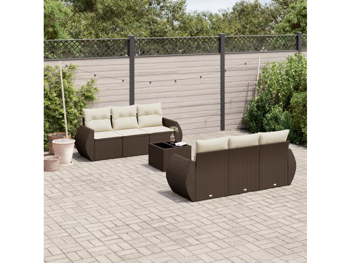 Vidaxl 7 Pcs Conjunto De Sofás Jardim C/ Almofadões Vime Pe Castanho
