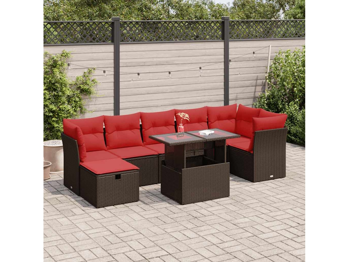Vidaxl 8 Pcs Conjunto Sofás Jardim Com Almofadões Vime Pe Castanho