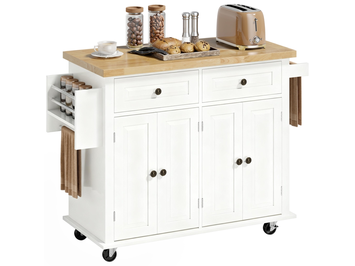Ilha De Cozinha Com Rodas Móvel Auxiliar De Cozinha Com 2 Gavetas 4 Portas Suporte Para Temperos E Barra Lateral 111x44,5x82,5cm Branco E Madeira