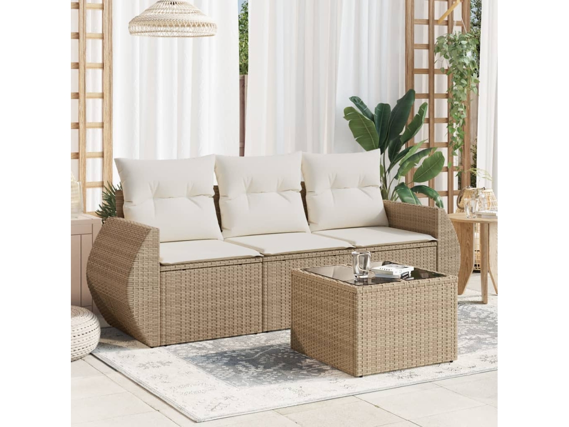 Vidaxl 4 Pcs Conjunto De Sofás Para Jardim C/ Almofadões Vime Pe Bege