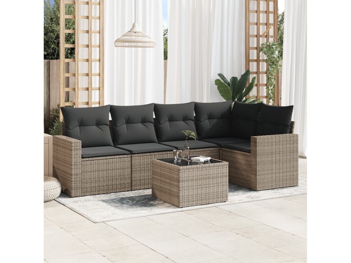 Vidaxl 6 Pcs Conjunto Sofás De Jardim Com Almofadões Vime Cinzento