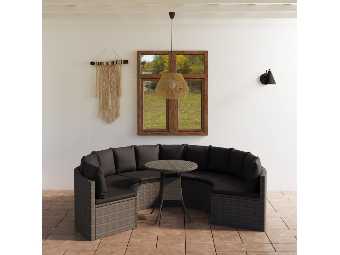 Vidaxl 7 Pcs Conjunto Sofás De Jardim C/ Almofadões Vime Pe Cinzento