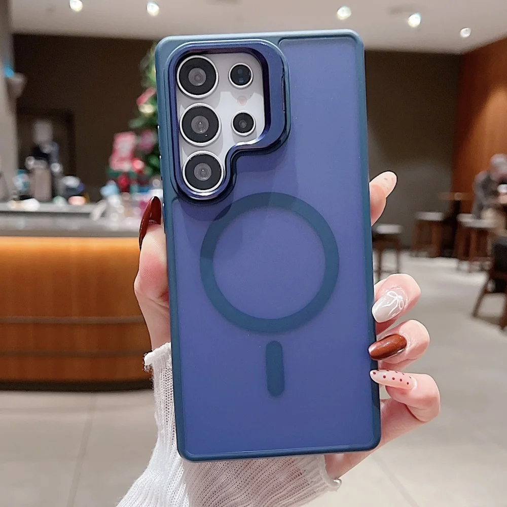 (azul Escuro, Galaxy S24) Capa Fosca Para Celular, Suporte Magnético De Metal Para Lente, Material Acrílico Tpu