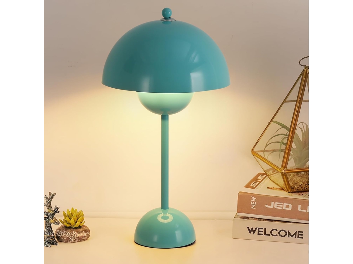 Candeeiro De Mesa Azul Turquesa Ou Celeste Design Cogumelo – Metal, 34 cm, Casquilho E27 Para Quarto, Sala, Crianças, Estúdio Ou Escritório