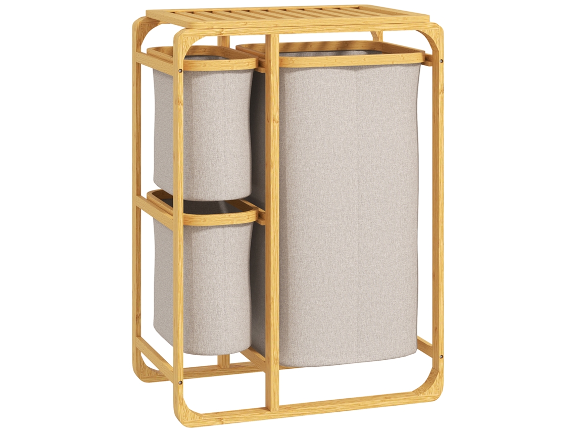 Cesto Portabiancheria em Bambu com 3 Sacos e Prateleiras de Tecido 50x32x69,7 Cm cor Bambu e Creme BTFORUS