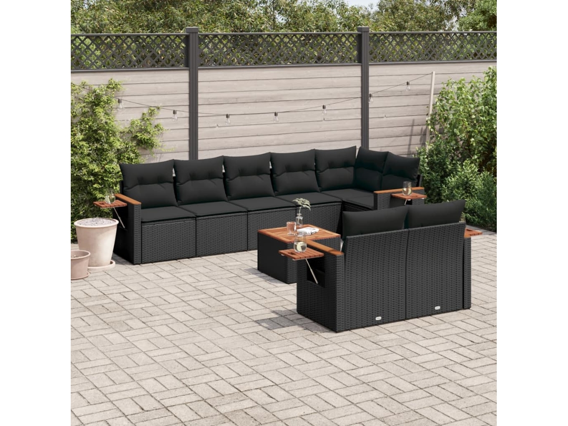 Vidaxl 9 Pcs Conjunto De Sofás P/ Jardim C/ Almofadões Vime Pe Preto