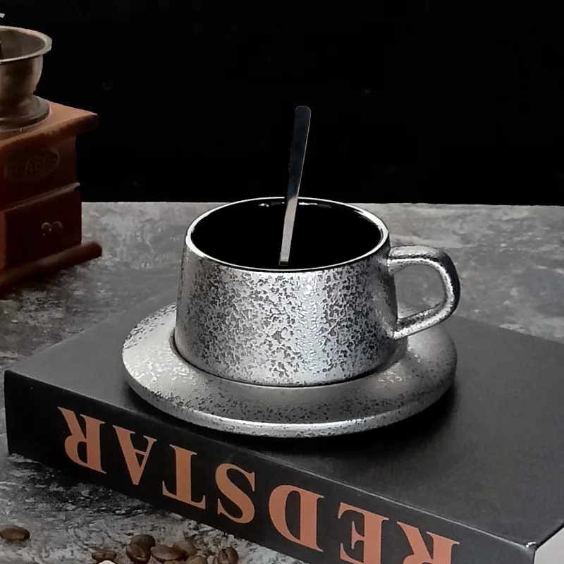 Conjunto de Caneca de Café Criativa em Cerâmica Fosca com Pires, Caneca de Luxo para Escritório MDUG (prata 250ml)