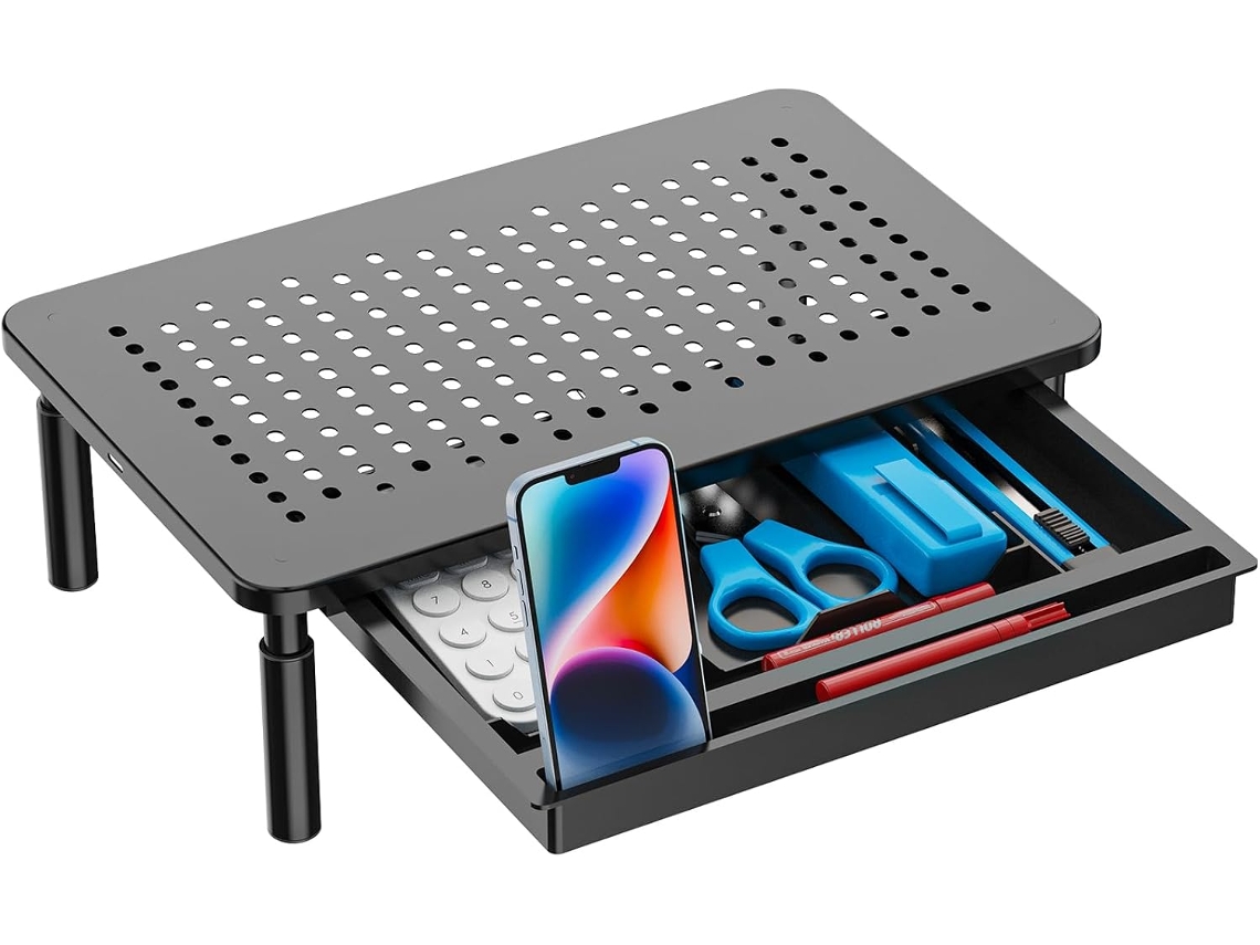Suporte para Monitor com Armazenamento Elevador de Mesa Ajustável com 3 Alturas e Ventilação para Laptop e Monitor, Preto AQUAFORGE