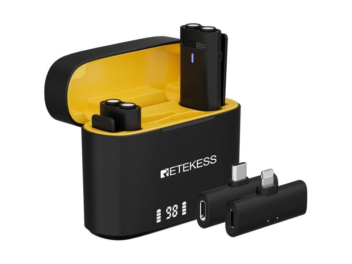 Microfone de lapela sem fio Retekess TG103, plug and play, redução de ruído inteligente DSP, 7H, para dispositivos móveis (2TX2RX)
