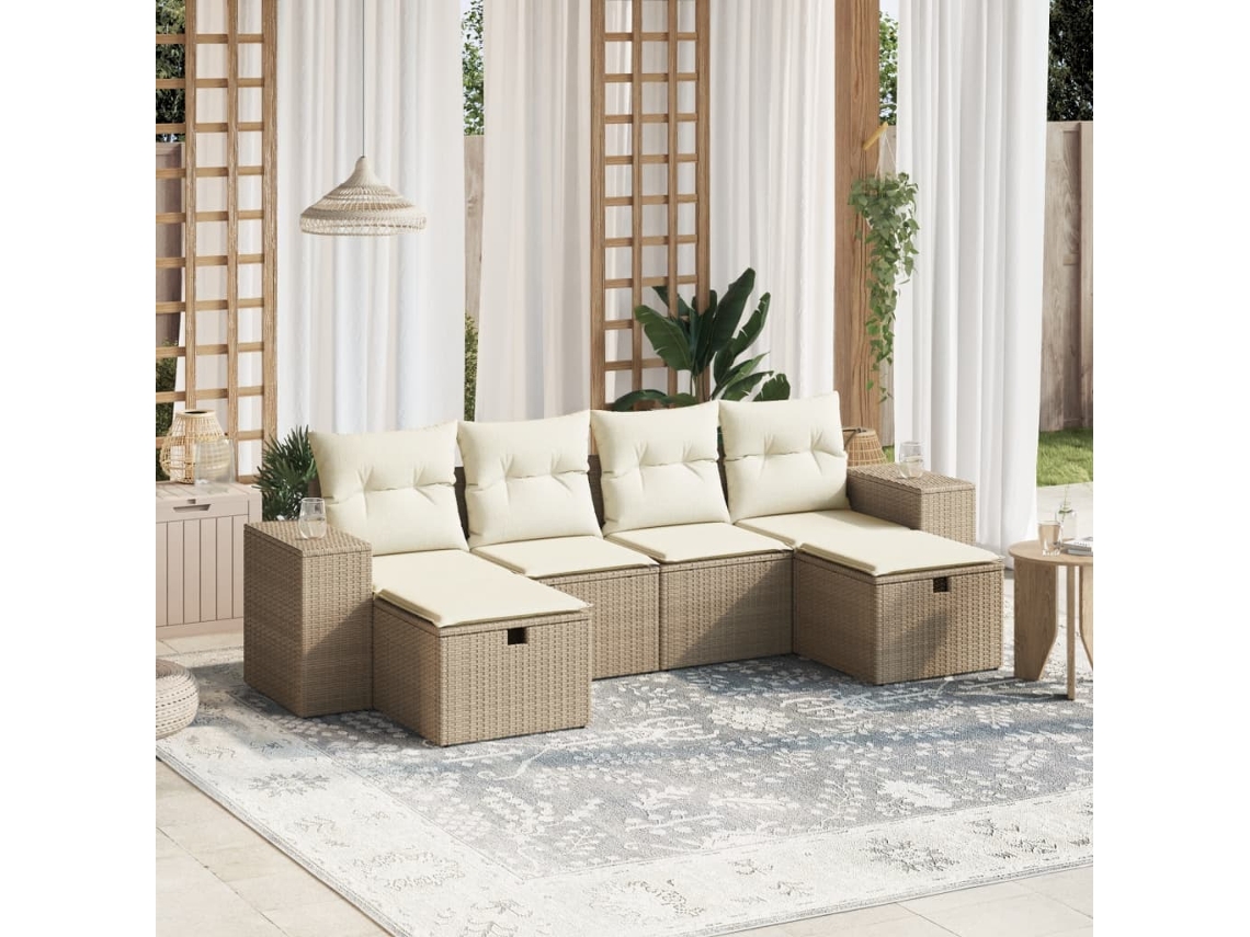 Vidaxl 6 Pcs Conjunto De Sofás P/ Jardim Com Almofadões Vime Pe Bege