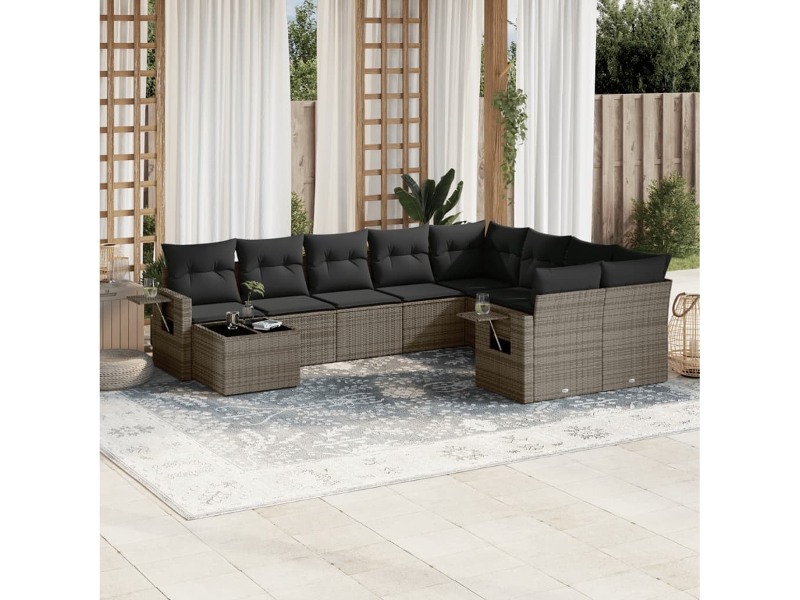 Vidaxl 10 Pcs Conjunto Sofás De Jardim C/ Almofadões Vime Pe Cinzento