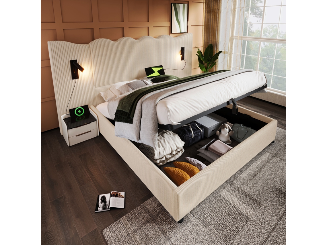 Cama de arrumação 180x200 cm com candeeiro de leitura, USB-C, estrutura em madeira maciça e metal, veludo cotelê bege/branco, sem colchão VSOGA