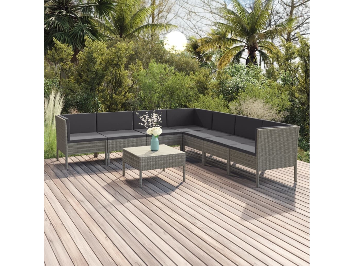 8 Pcs Conjunto Lounge De Jardim C/ Almofadões Vime Pe Cinzento Dkd Home Decor