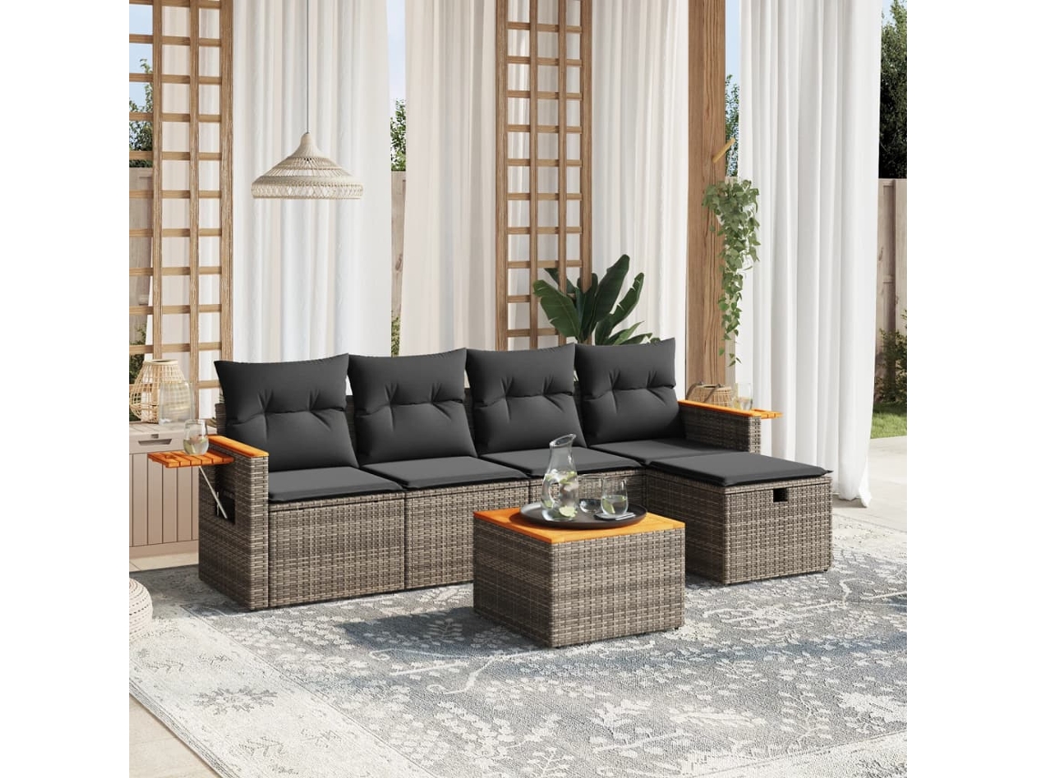 Vidaxl 6 Pcs Conjunto Sofás de Jardim com Almofadões Vime Cinzento