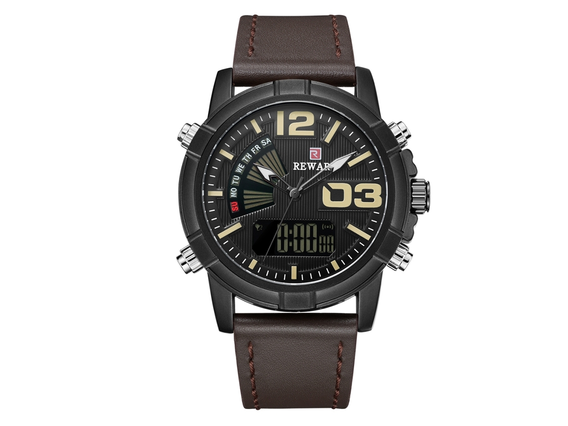 Relógio masculino à prova d'água com mecanismo duplo, pulseira de couro PU e mostrador redondo.