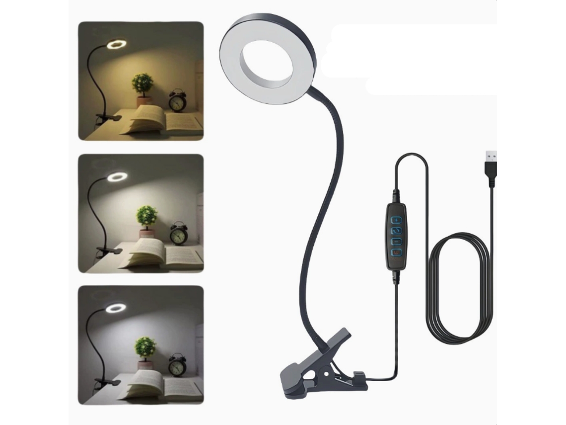 Luminária de mesa USB com clipe, 3 modos de iluminação, ideal para leitura em quartos e proteção ocular, luz noturna de LED.