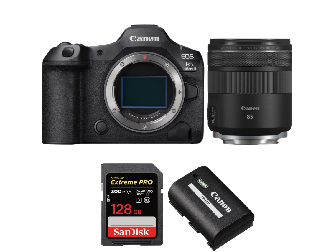 Eos R5 Mark Ii + Rf 85mm F/2 Macro Is Stm + 1 Sandisk 128gb Uhs ii 300mb/s + 1 Canon Lp e6p + Ebook “20 Dicas para Fotos Que Impressionam” CANON