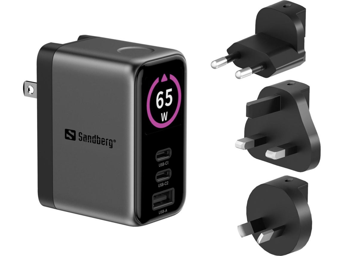 Carregador de Viagem SANDBERG PD65W Display (65W - 2 Usb-C e 1 USB-A)