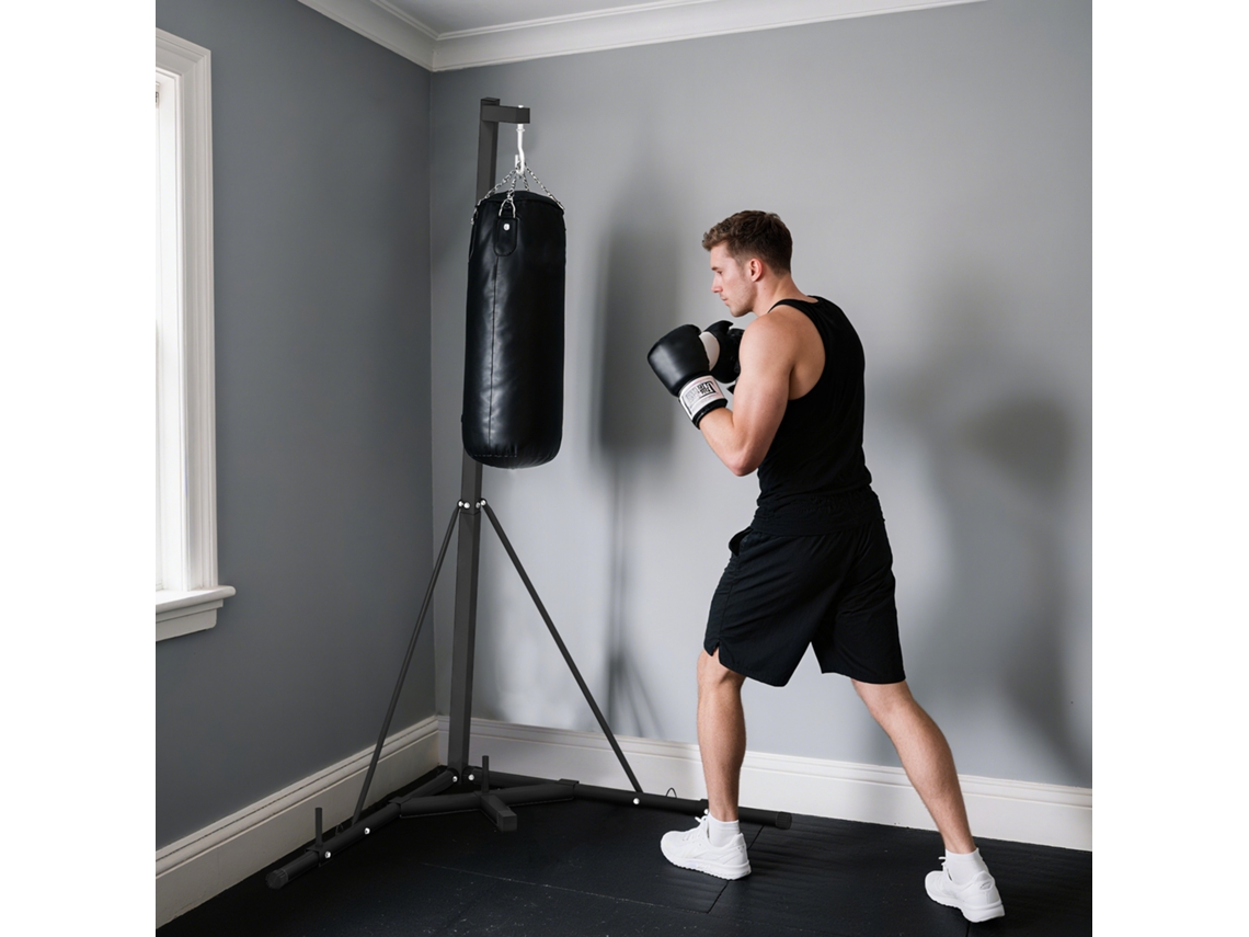 Suporte de Saco de Boxe em Pé Plegável Ajustável em Altura com Base Pesada Carga Máx. 60 Kg Aço Preto