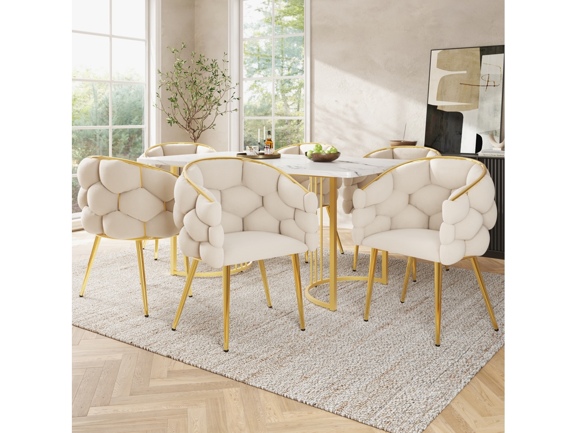 Mesa 140cm 6 Cadeiras Mármore Pés Dourados