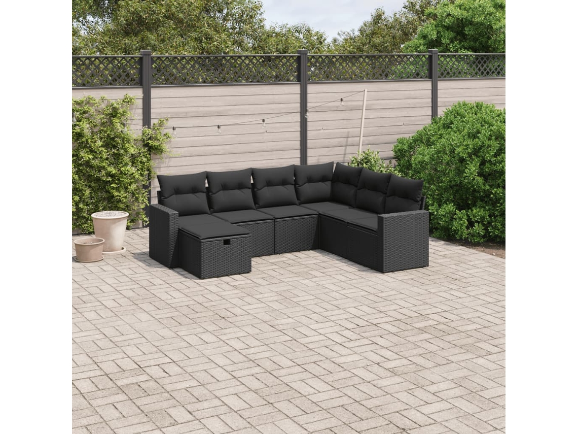 Vidaxl 7 Pcs Conjunto De Sofás P/ Jardim C/ Almofadões Vime Pe Preto