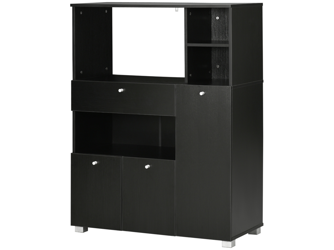 Aparador Auxiliar Para Microondas Buffet De Cozinha Com 2 Armários Com Portas 1 Gaveta E Prateleiras 90x40x120 Cm Preto