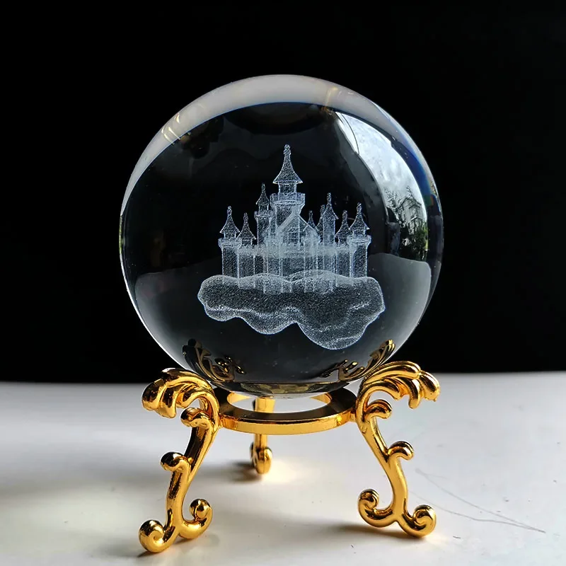 Globo Decorativo de Cristal em Formato de Castelo , com Gravação a Laser 3d. MDUG (base Dourada de 60 Mm)