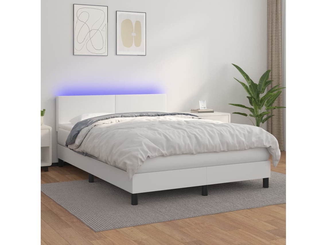 Vidaxl Cama Box Spring C/colchão/led 140x200cm Couro Artificial Branco