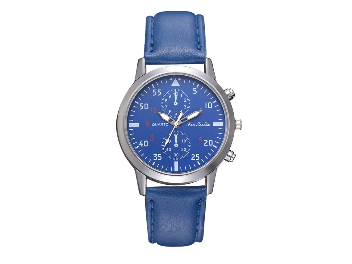 Relógio social Fanteeda com pulseira de PU para homens e mulheres, padrão azul simples.