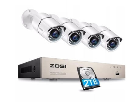 Sistema Vídeovigilância Cctv ZOSI com 4 Câmeras Cor Branco Incluí Disco Rígido Gravação Hdd 2Tb