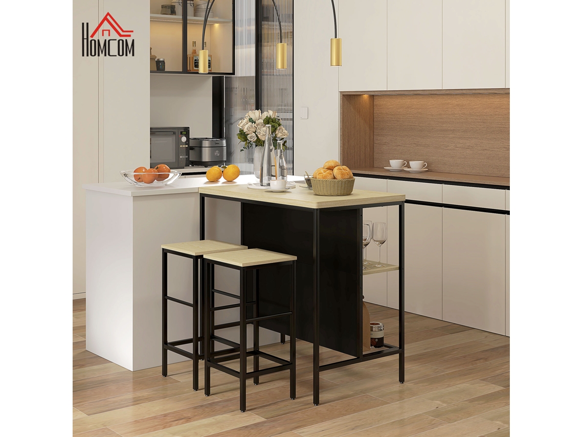 Conjunto De Mesa Bar E 2 Bancos Estilo Industrial Com Prateleira Armazenamento, Apoio Para Os Pés, Metal Preto E Aspeto Madeira