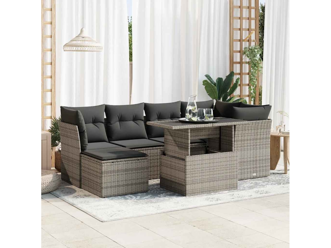 Vidaxl 7 Pcs Conjunto Sofás P/ Jardim C/ Almofadões Vime Pe Cinzento