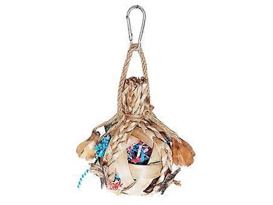 Brinquedo De Forragem Suspenso Para Aves Com Cesto De Bambu E Erva