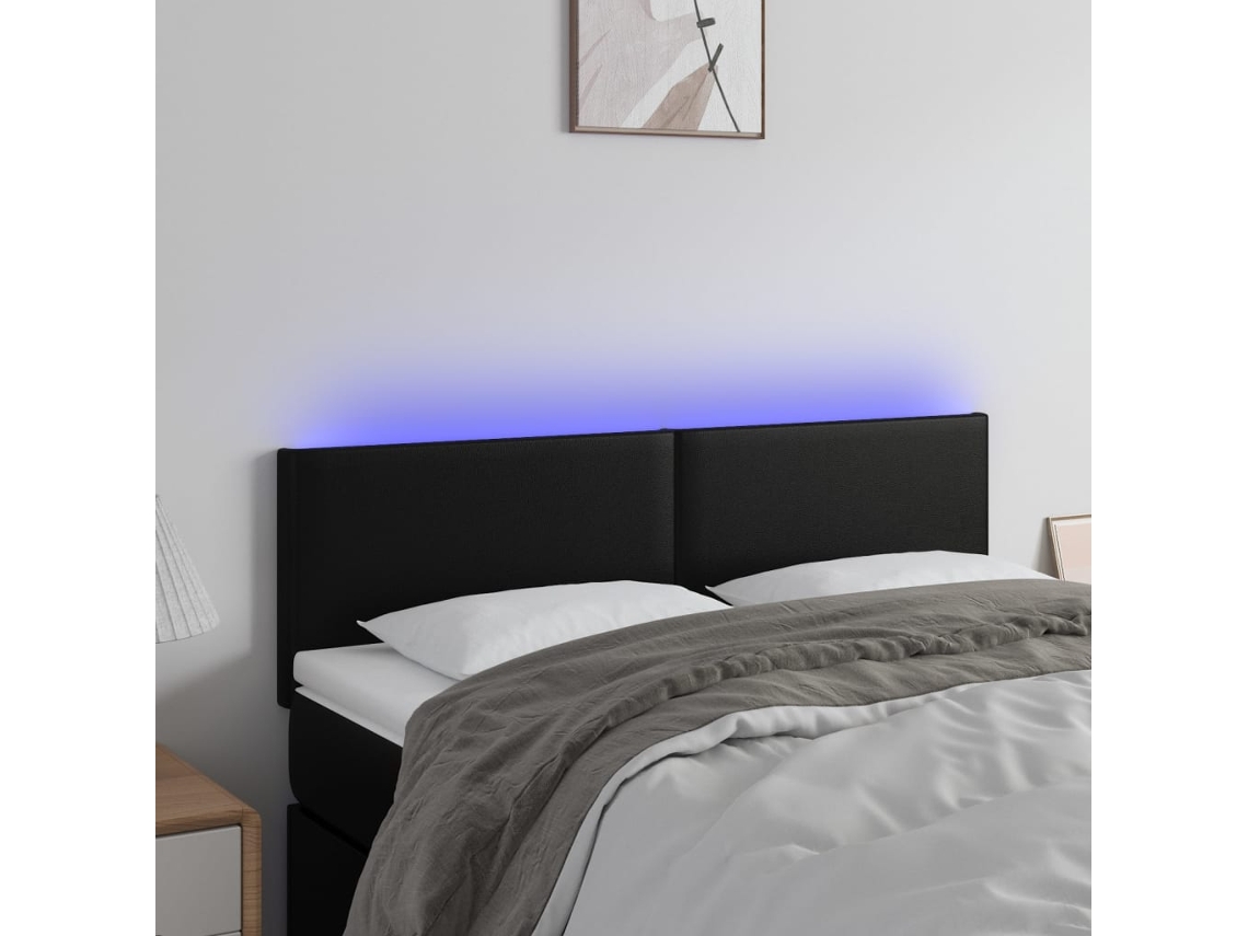 Vidaxl Cabeceira De Cama C/ Led Couro Artificial 144x5x78/88 Cm Preto