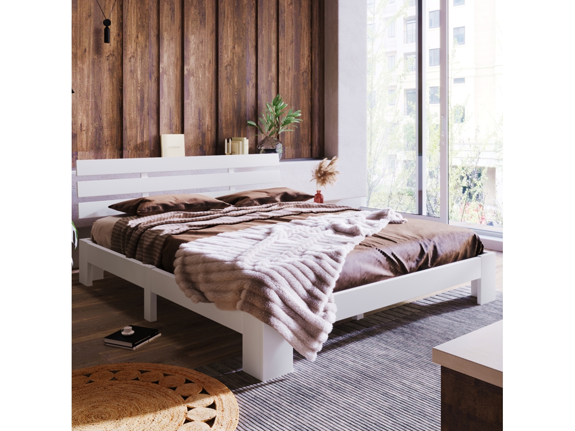 Cama De Madeira Maciça 200x140 Cm Com Estrutura Cabeceira E Prateleira